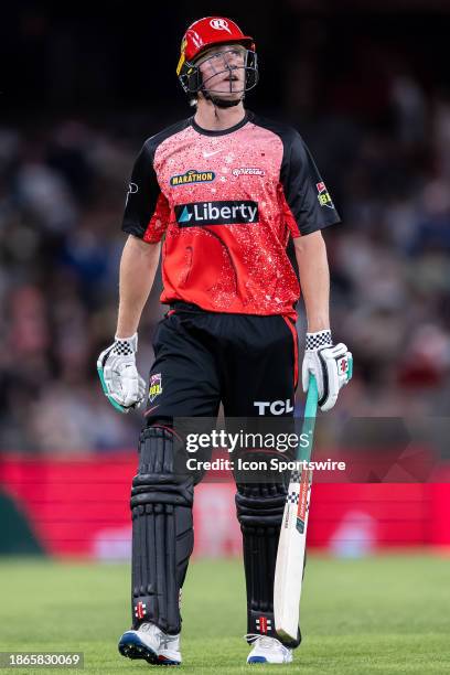 Melbourne Renegades player Will Sutherland walks off after getting out during KFC Big Bash League T20 match between Melbourne Renegades and Brisbane...