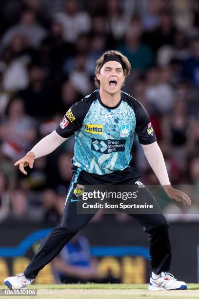 Brisbane Heat player Mitch Swepson appeals during KFC Big Bash League T20 match between Melbourne Renegades and Brisbane Heat at the Marvel Stadium...