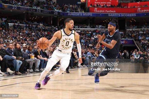 Tyrese Haliburton of the Indiana Pacers dribbles the ball during the game against the Memphis Grizzlies on December 21, 2023 at FedExForum in...