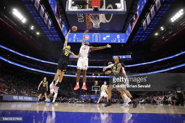 Simone Fontecchio of the Utah Jazz drives to the basket during the game Detroit Pistons on December 11, 2023 at Little Caesars Arena in Detroit,...