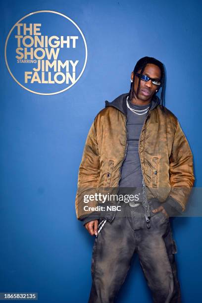 Episode 1896 -- Pictured: Rapper Travis Scott poses backstage on Thursday, December 21, 2023 --