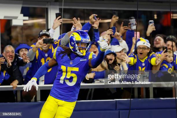 Inglewood, CA Fans rally as Rams wide receiver Demarcus Robinson, #15, celebrates his second quarter touchdown catch over the New Orleans Saints at...