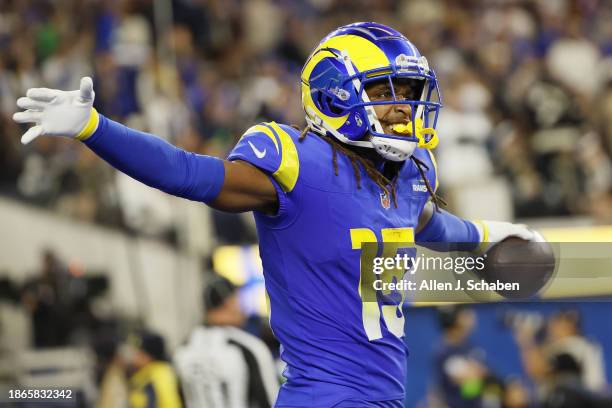 Inglewood, CA Los Angles Rams wide receiver Demarcus Robinson celebrates a touchdown during play against the New OrleansSaints at SoFi Stadium in...