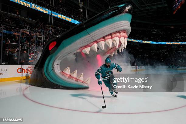 Anthony Duclair of the San Jose Sharks takes the ice through the Shark Head before the game against the Arizona Coyotes at SAP Center on December 21,...