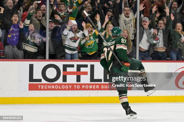 Minnesota Wild forward Kirill Kaprizov celebrates his overtime game-winning goal during an NHL game between the Minnesota Wild and Montreal Canadiens...