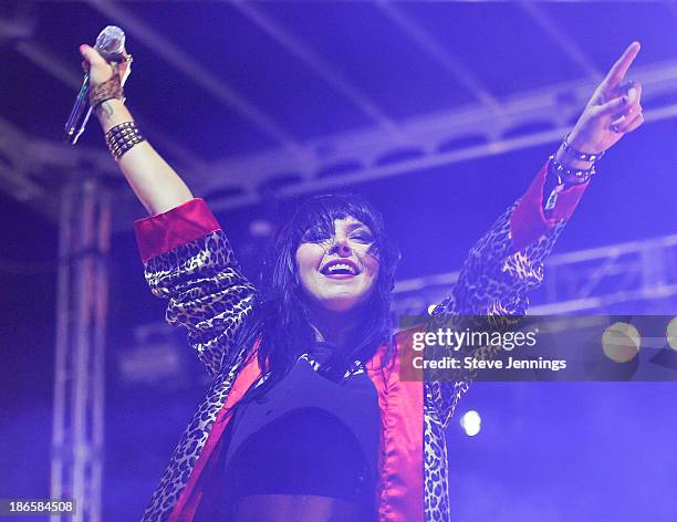 Alexis Krauss of Sleigh Bells performs on Day 2 of Treasure Island Music Festival at Treasure Island on October 20, 2013 in San Francisco, California.