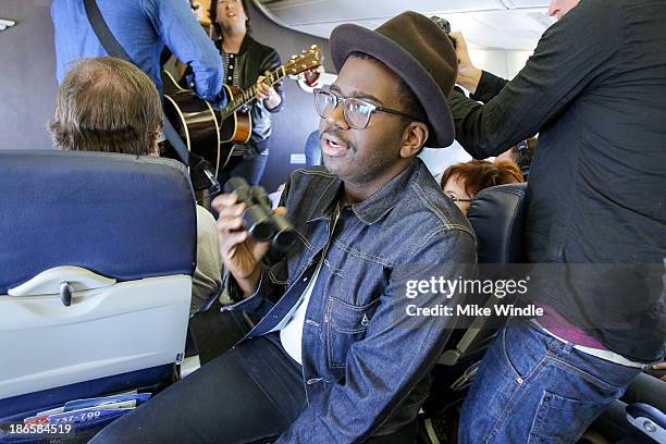 De'Mar Hamilton of Plain White T's performs in flight during the Live In The Vineyard "Live At 35" Concert Series with Southwest Airlines on November...