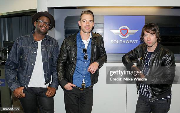 De'Mar Hamilton, Tim Lopez and Tom Higgenson of Plain White T's pose during the Live In The Vineyard "Live At 35" Concert Series with Southwest...