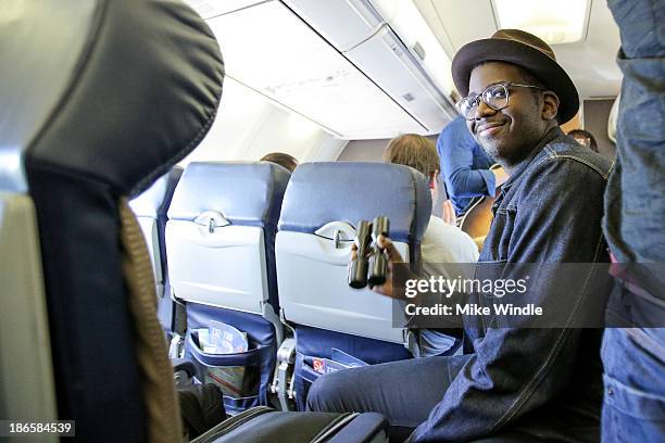 De'Mar Hamilton of Plain White T's performs in flight during the Live In The Vineyard "Live At 35" Concert Series with Southwest Airlines on November...