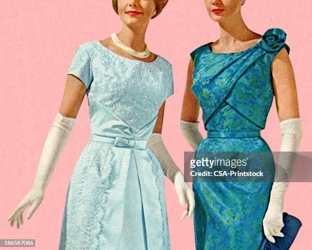two women wearing evening gowns - vintage fashion stock illustrations