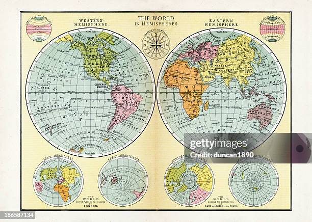 ilustraciones, imágenes clip art, dibujos animados e iconos de stock de mapa mundial en hemispheres - hemisferio del norte