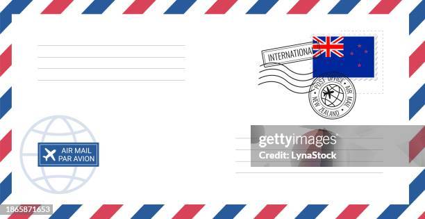 blank air mail envelope with new zealand postage stamp. postcard vector illustration with new zealand national flag isolated on white background. - postcard stock illustrations