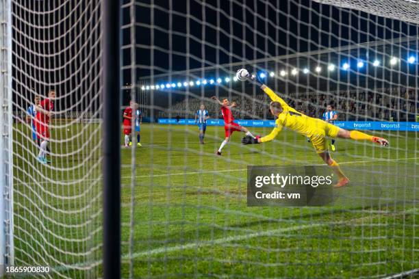 soccer goalkeeper catching ball - soccer net stock pictures, royalty-free photos & images