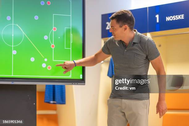 soccer coach showing players positioning on screen - backstage sign stock pictures, royalty-free photos & images