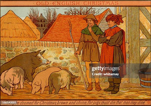 victorian christmas card - doomed pigs - farm worker stock illustrations