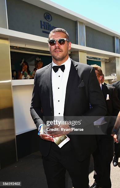 Lance Franklin arrives on Victoria Derby Day at Flemington Racecourse on November 2, 2013 in Melbourne, Australia.