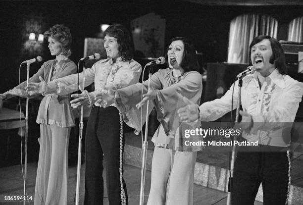 British pop group Brotherhood of Man, December 1973. Left to right: Sandra Stevens, Lee Sheriden, Nicky Stevens and Martin Lee.