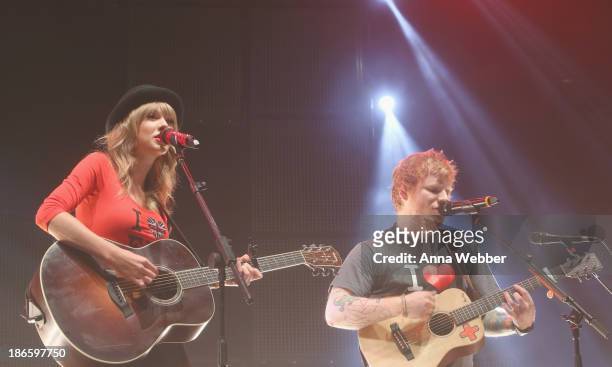 Taylor Swift joins Ed Sheeran on stage at his sold-out show at Madison Square Garden Arena on November 1, 2013 in New York City.