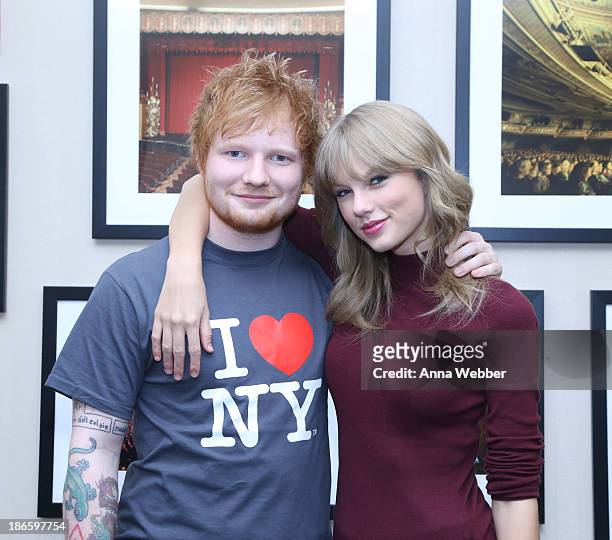 Ed Sheeran poses with Taylor Swift backstage before his sold-out show at Madison Square Garden Arena on November 1, 2013 in New York City.