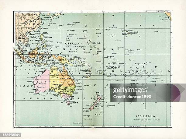 antique map of oceania - pacific ocean stock illustrations