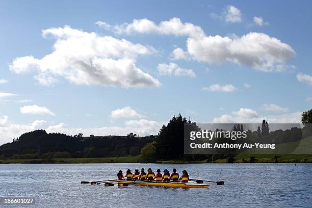 Competitors await at the start during the Te Awamutu Rowing Clubs Annual Club Regatta at Lake Karapiro on November 2, 2013 in Karapiro, New Zealand.