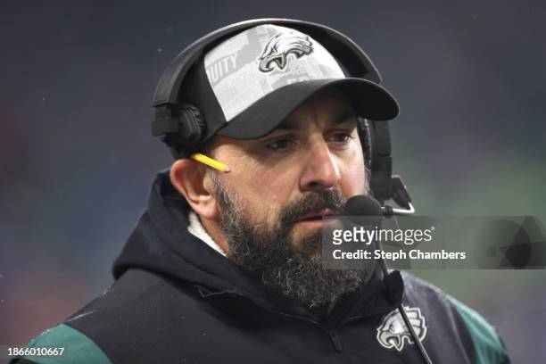 Philadelphia Eagles coach Matt Patricia looks on before a game against the Seattle Seahawks at Lumen Field on December 18, 2023 in Seattle,...