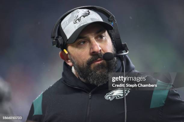 Philadelphia Eagles coach Matt Patricia looks on before a game against the Seattle Seahawks at Lumen Field on December 18, 2023 in Seattle,...