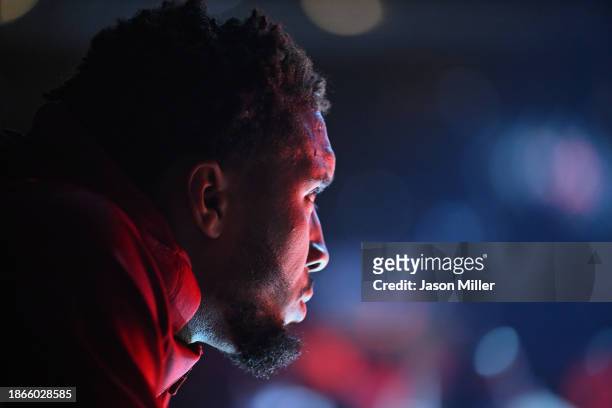 Donovan Mitchell of the Cleveland Cavaliers watches player introductions prior to the game against the Houston Rockets at Rocket Mortgage Fieldhouse...