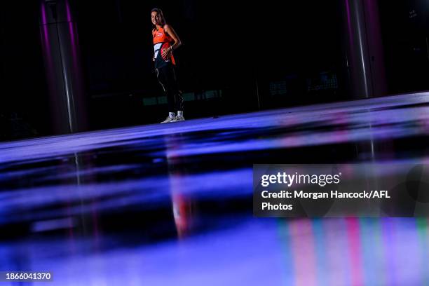 Kaitlyn Srhoj of the Giants poses during a 2023 AFLW Draft Media Opportunity at Marvel Stadium on December 19, 2023 in Melbourne, Australia.