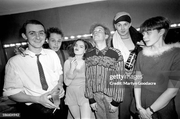 Group portrait of The Sugarcubes backstage in Paris, with Bjork third from left , France, 1990.