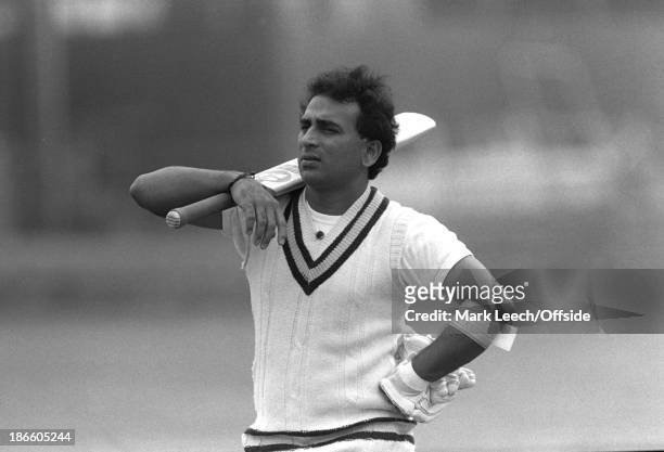 May 1986 - India cricket team at Lord's Cricket Ground, Sunil Gavaskar stnads with his bat over his shoulder.