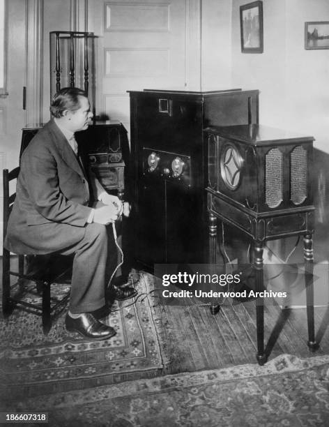 Dr EF Alexanderson of GE and RCA and inventor of the radio television process where a listener can see as well as listen to the broadcast, operating...