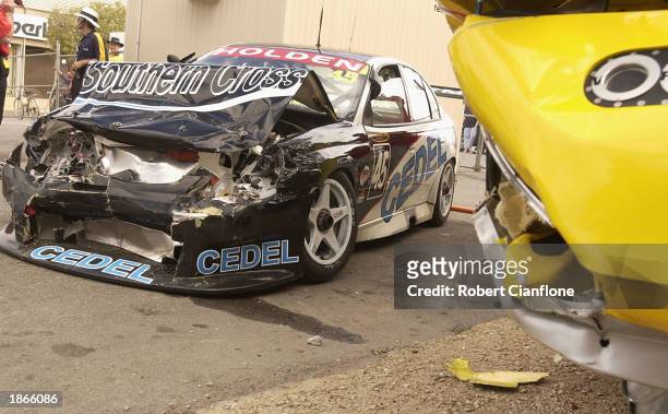 The damged cars of Jason Richards and Anthony Tratt after they collided earlier in the race during the second race of the V8 Clipsal 500 held on the...