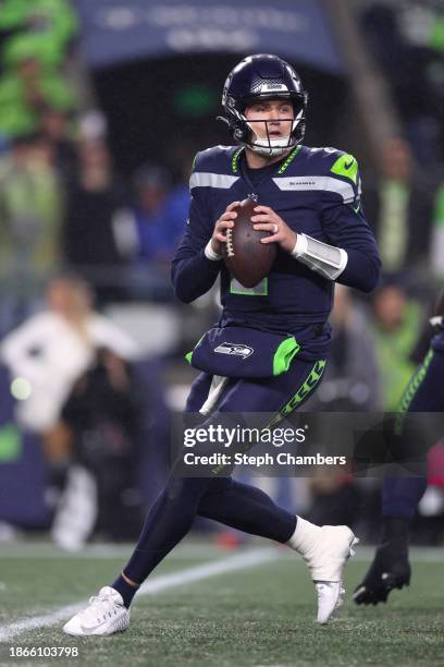 Drew Lock of the Seattle Seahawks looks to pass in the first quarter against the Philadelphia Eagles at Lumen Field on December 18, 2023 in Seattle,...