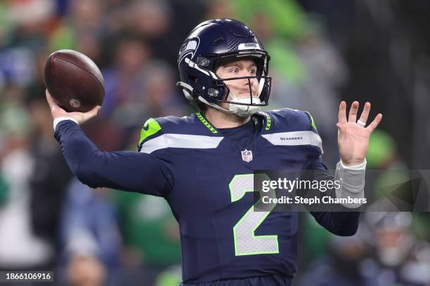 Drew Lock of the Seattle Seahawks looks to pass in the first quarter against the Philadelphia Eagles at Lumen Field on December 18, 2023 in Seattle,...