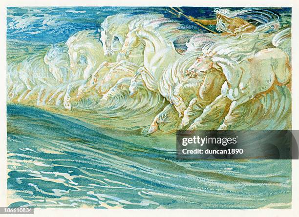 stockillustraties, clipart, cartoons en iconen met neptune's horses - tsunami