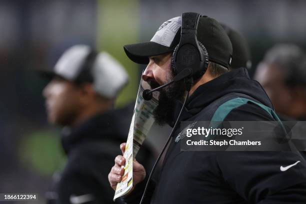 Philadelphia Eagles coach Matt Patricia calls a play in the first quarter at Lumen Field on December 18, 2023 in Seattle, Washington.