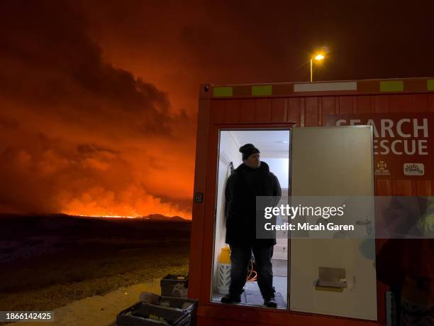 Volcano erupts on the Reykjanes Peninsula near the power station on December 18, 2023 north of Grindavik, Iceland.