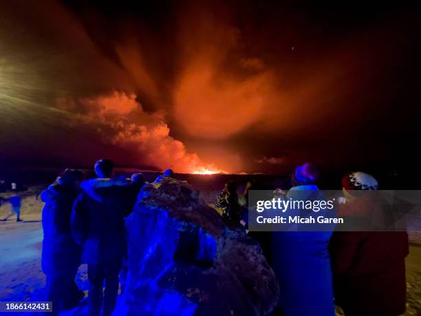 Volcano erupts on the Reykjanes Peninsula near the power station on December 18, 2023 north of Grindavik, Iceland.