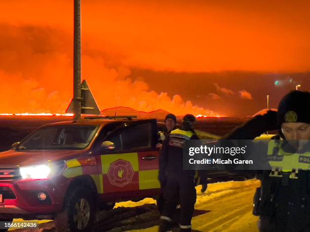 Volcano erupts on the Reykjanes Peninsula near the power station on December 18, 2023 north of Grindavik, Iceland.