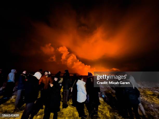 Volcano erupts on the Reykjanes Peninsula near the power station on December 18, 2023 north of Grindavik, Iceland.