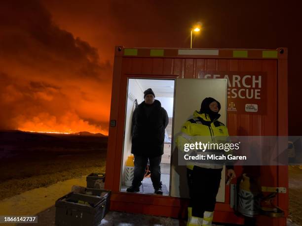 Volcano erupts on the Reykjanes Peninsula near the power station on December 18, 2023 north of Grindavik, Iceland.