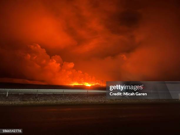 Volcano erupts on the Reykjanes Peninsula near the power station on December 18, 2023 north of Grindavik, Iceland.