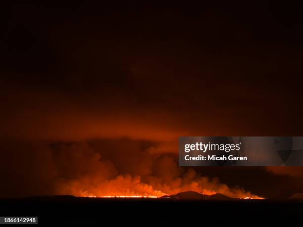 Volcano erupts on the Reykjanes Peninsula near the power station on December 18, 2023 north of Grindavik, Iceland.