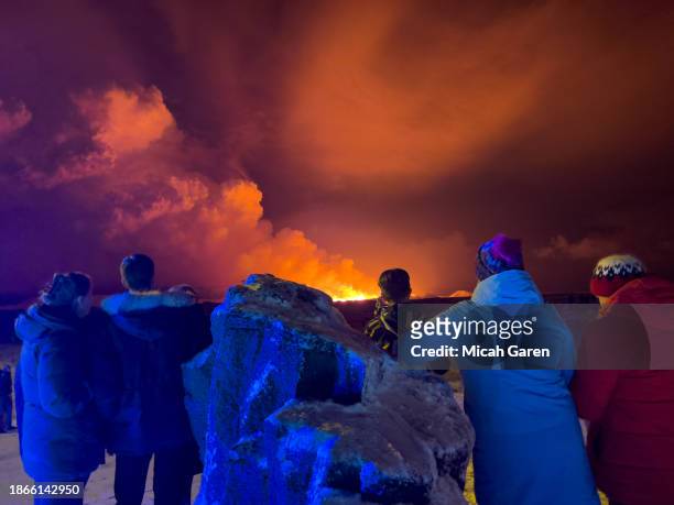 Volcano erupts on the Reykjanes Peninsula near the power station on December 18, 2023 north of Grindavik, Iceland.