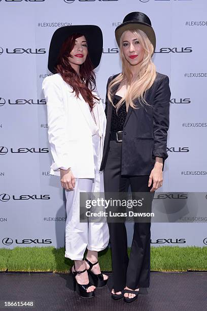 Lisa Origliasso and Jessica Origliasso of the Veronicas attend the Lexus Design Pavilion on Victoria Derby Day at Flemington Racecourse on November...