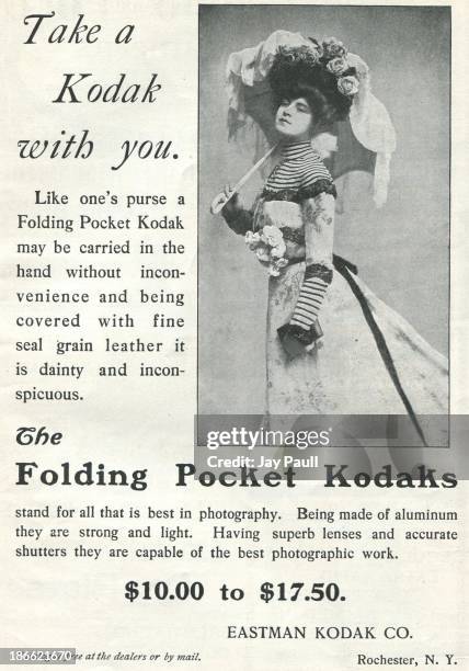 Advertisement for Kodak by the Eastman Kodak Company in Rochester, New York, 1901. The "Kodak Girl" is pictured for Folding Pocket cameras.