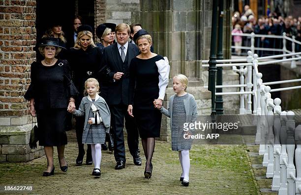 Dutch Princess Beatrix, Queen Maxima, Countess Zaria, King Willem-Alexander, Princess Mabel and Countess Luana arrive at the Old Church in Delft for...