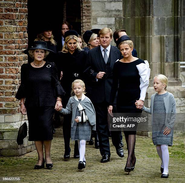 Dutch Princess Beatrix, Queen Maxima, Countess Zaria, King Willem-Alexander, Princess Mabel and Countess Luana arrive at the Old Church in Delft for...