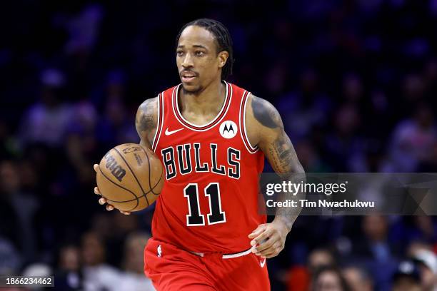 DeMar DeRozan of the Chicago Bulls dribbles during the second quarter against the Philadelphia 76ers at the Wells Fargo Center on December 18, 2023...